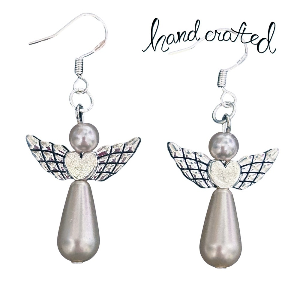 Hand Crafted Drop Earrings 3-D Articulating Angel Ivory Pearl Silver Plate Wires